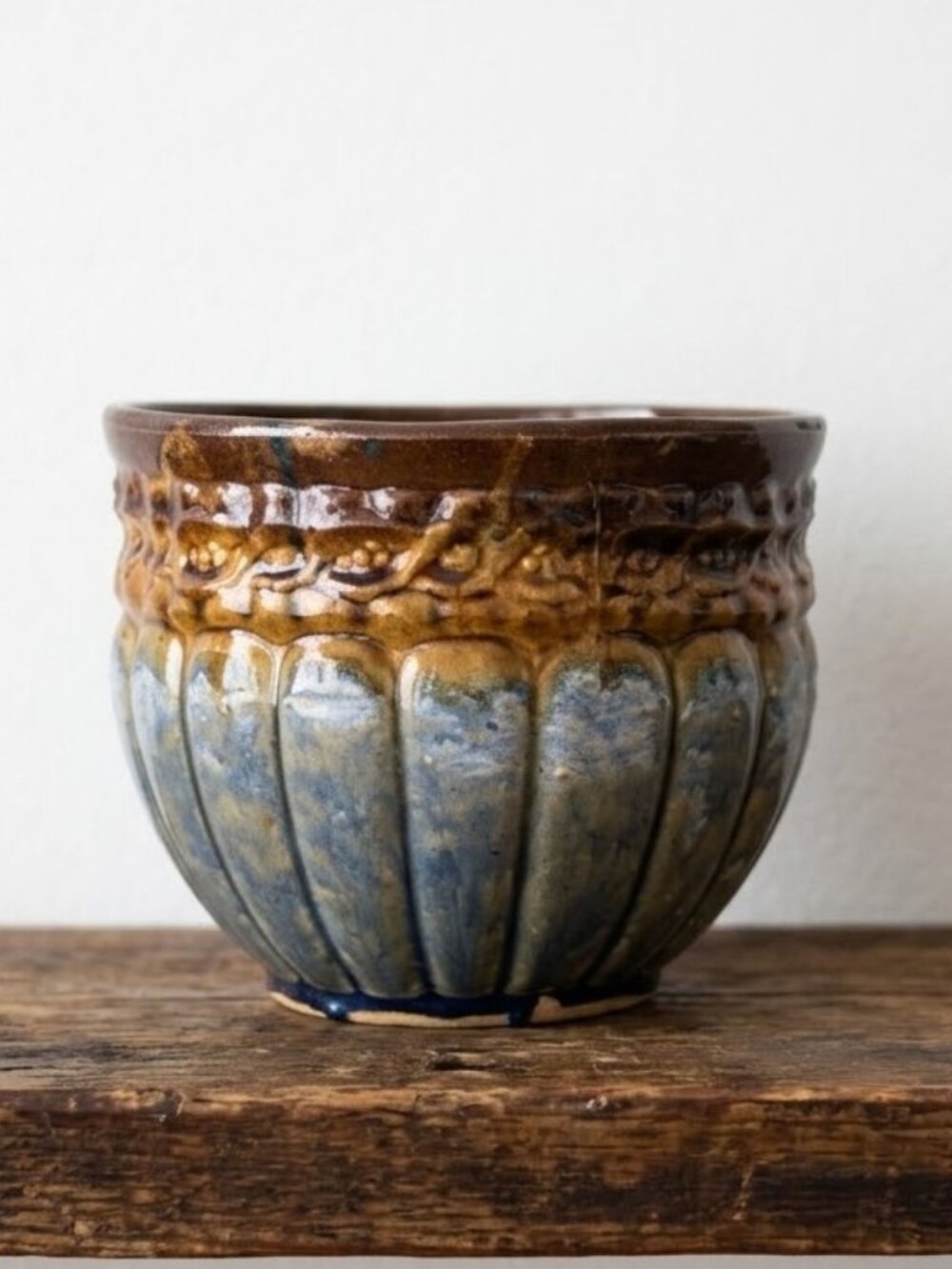 Vintage Ceramic Planter Bowl Blue Brown Drip Glaze Pottery Flower Pot 7.5" Heavy